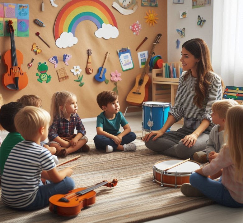 dzieci siedząc w kółku na dywanie rozmawiają z panią o instrumentach muzycznych
